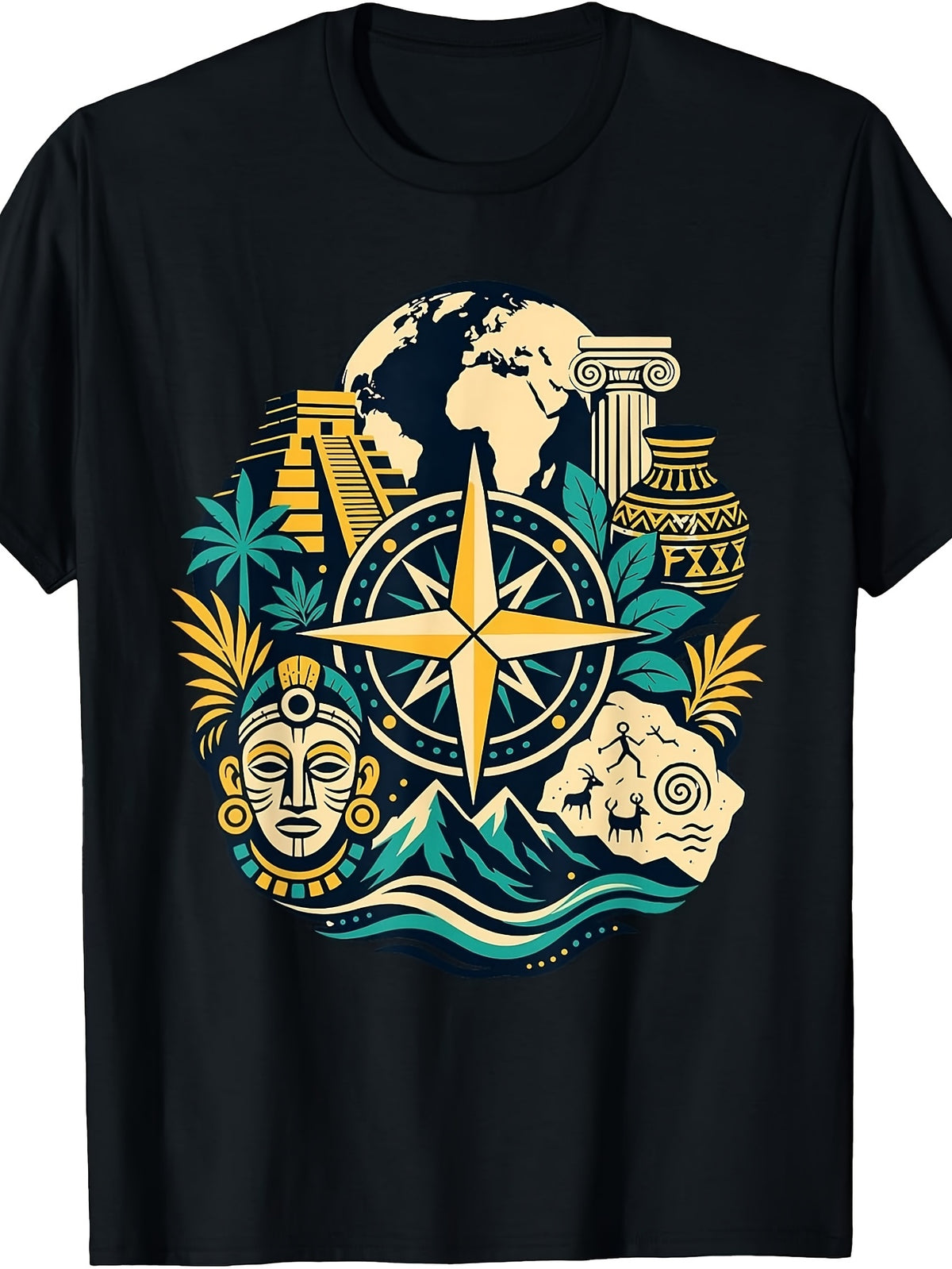 Traveler, Ancient Civilization Compass Graphic T-Shirt, Vintage Cultural Art Print, Crew Neck, Adventure Gift