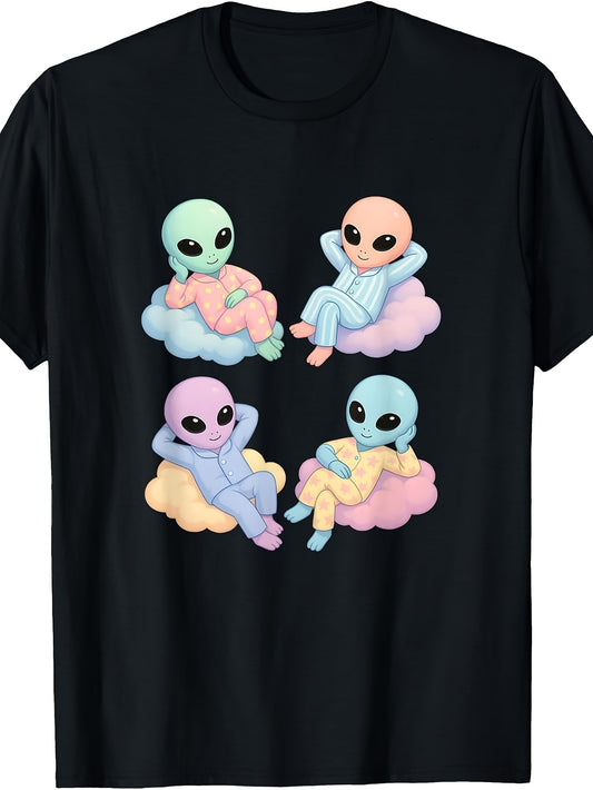 Cute Kawaii Style, Men's And Women's T-Shirt, Four Pastel Aliens In Pajamas Sitting On Clouds, Casual Daily Wear Spring Summer
