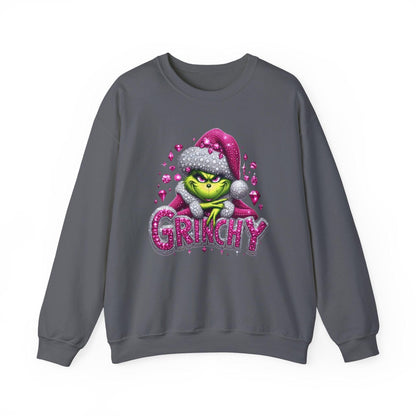 Pink Rhinestone Grinchy Sweatshirt, Holiday Crewneck Jumper, Christmas Sweater,