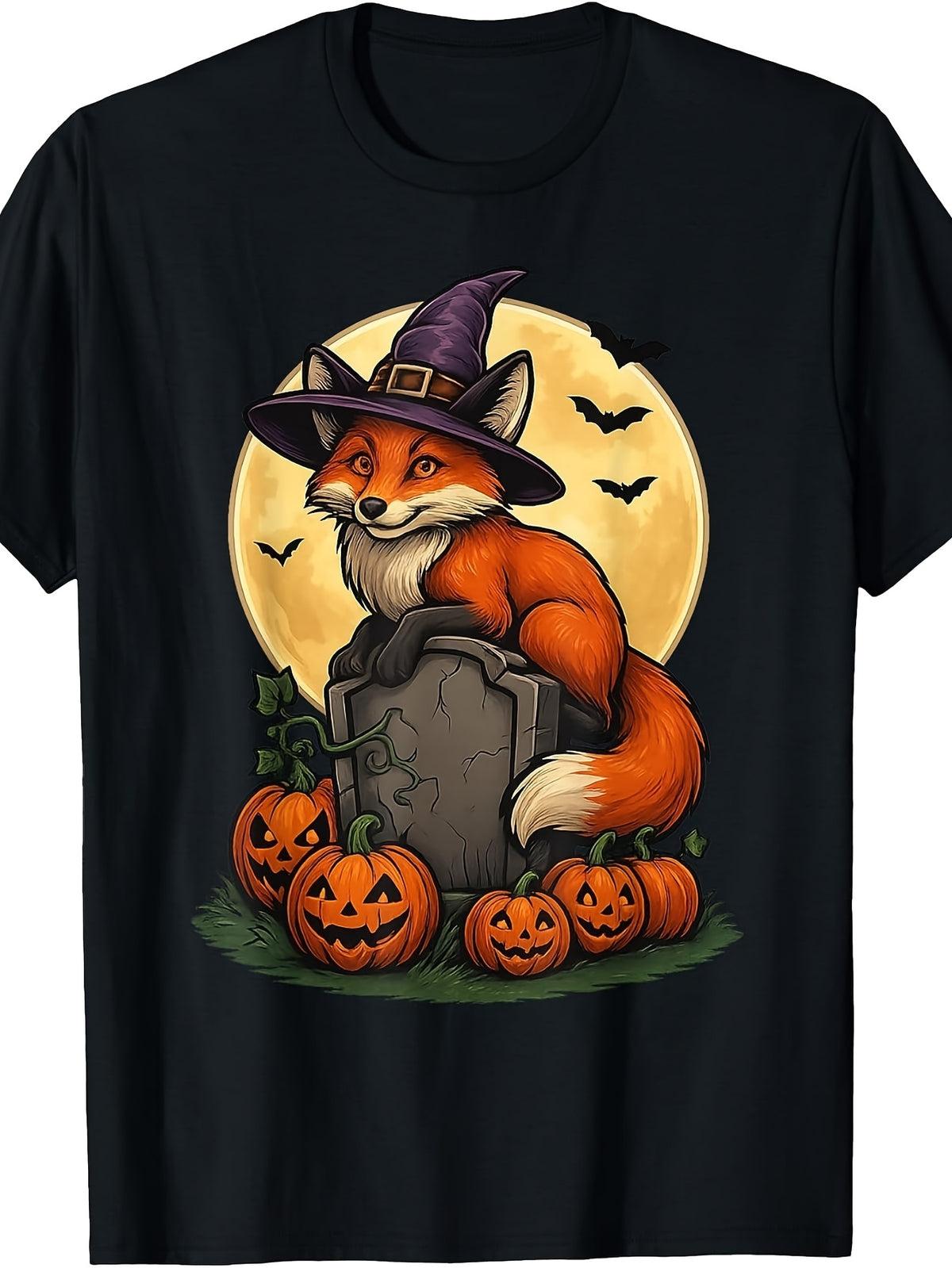 Men's And Women's T-Shirt, Cute Halloween Witch Fox with Pumpkins And Moon, Autumn Festival Party Costume
