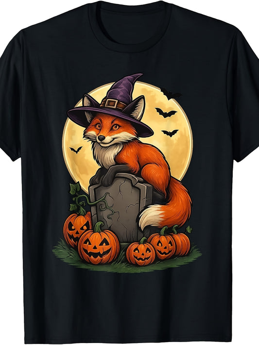 Men's And Women's T-Shirt, Cute Halloween Witch Fox with Pumpkins And Moon, Autumn Festival Party Costume