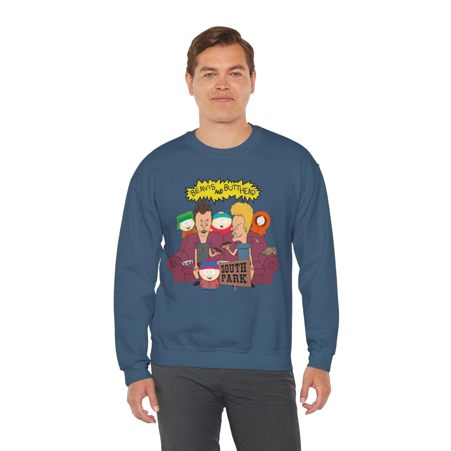TV Show Mashup Unisex Sweatshirt, Beavis and Butthead meets South Park, Funny Cartoon Crewneck Jumper, Pop Culture Pullover, Retro 90s