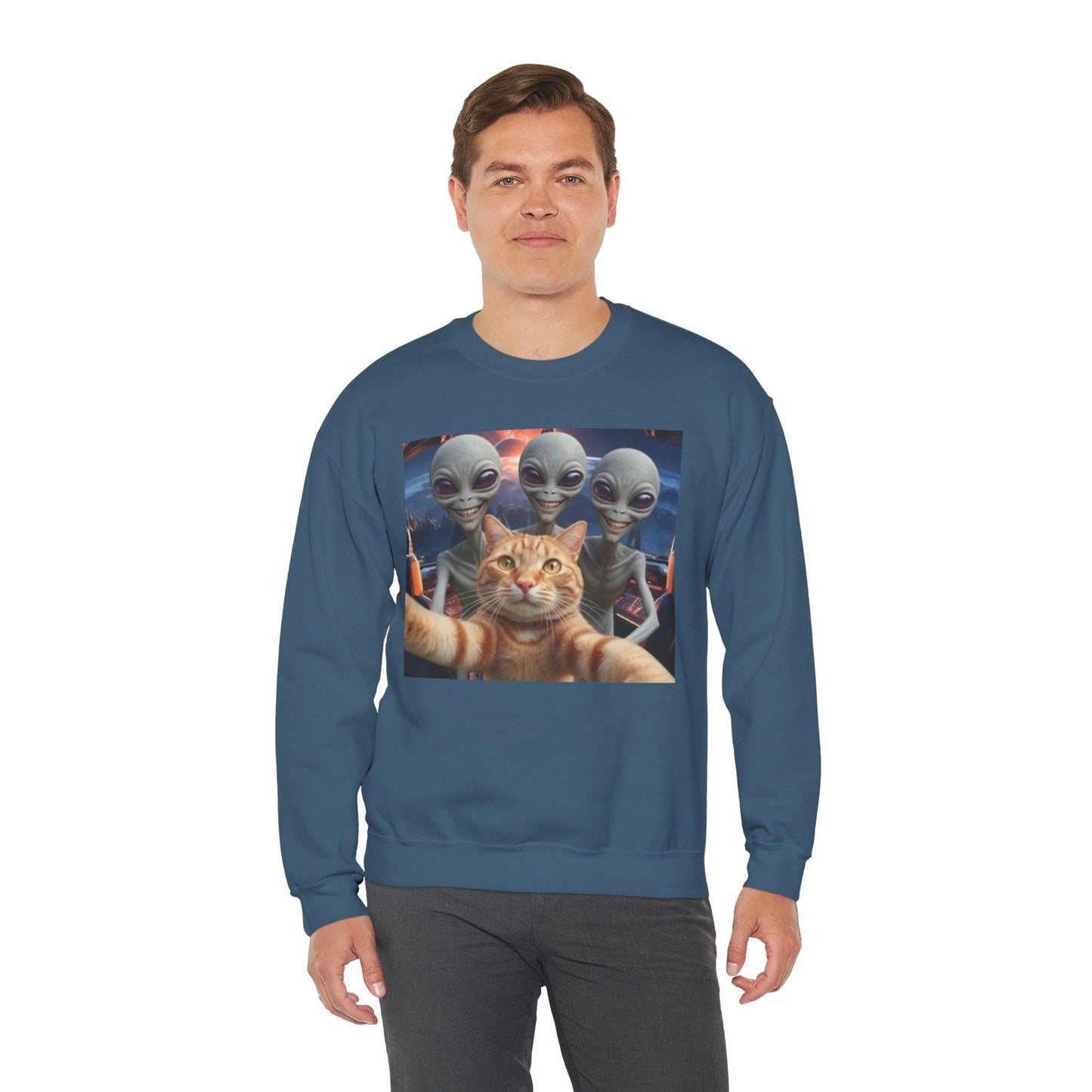 Cat Selfie Space Ship Crewneck Sweatshirt, Funny Cat Lover Gift, Galaxy Cat Graphic Jumper, Cat in Space Shirt, Cat Owner Apparel, Grey Cat
