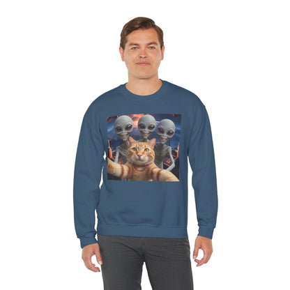 Cat Selfie Space Ship Crewneck Sweatshirt, Funny Cat Lover Gift, Galaxy Cat Graphic Jumper, Cat in Space Shirt, Cat Owner Apparel, Grey Cat