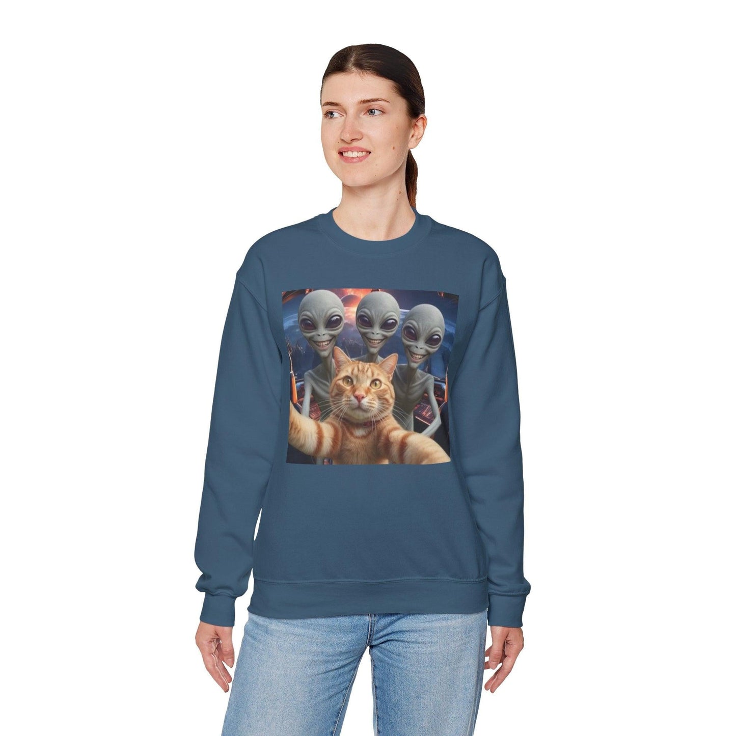 Cat Selfie Space Ship Crewneck Sweatshirt, Funny Cat Lover Gift, Galaxy Cat Graphic Jumper, Cat in Space Shirt, Cat Owner Apparel, Grey Cat