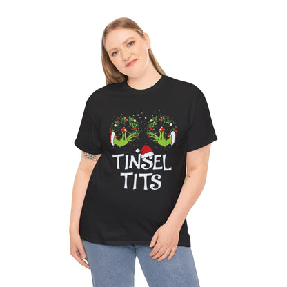 Tinsel Tits Wreath Bra T-Shirt | Funny Christmas Holiday Tee