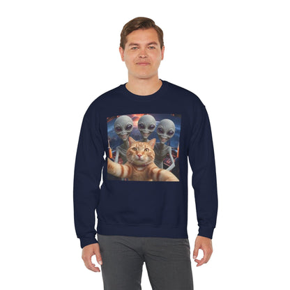Cat Selfie Space Ship Crewneck Sweatshirt, Funny Cat Lover Gift, Galaxy Cat Graphic Jumper, Cat in Space Shirt, Cat Owner Apparel, Grey Cat