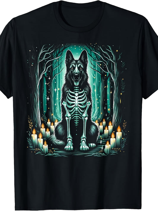 Men's & Women's Gothic T-Shirt - Gothic Skeleton Dog in Mystical Forest with Candles Print, Retro Round Neck Tee Suitable for Halloween Party Outfits, Autumn Seasonal Wear, Machine Washable Apparel
