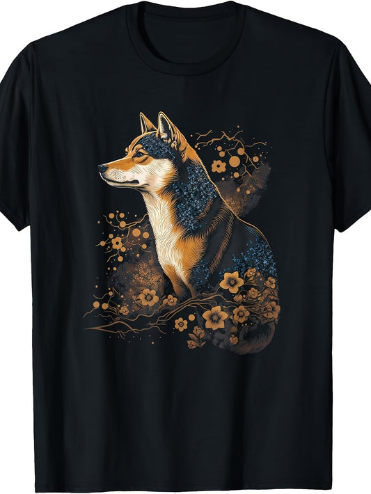Artistic, Floral Wolf Graphic, T-Shirt, Golden Blue Botanical, Crew Neck, Casual Wear