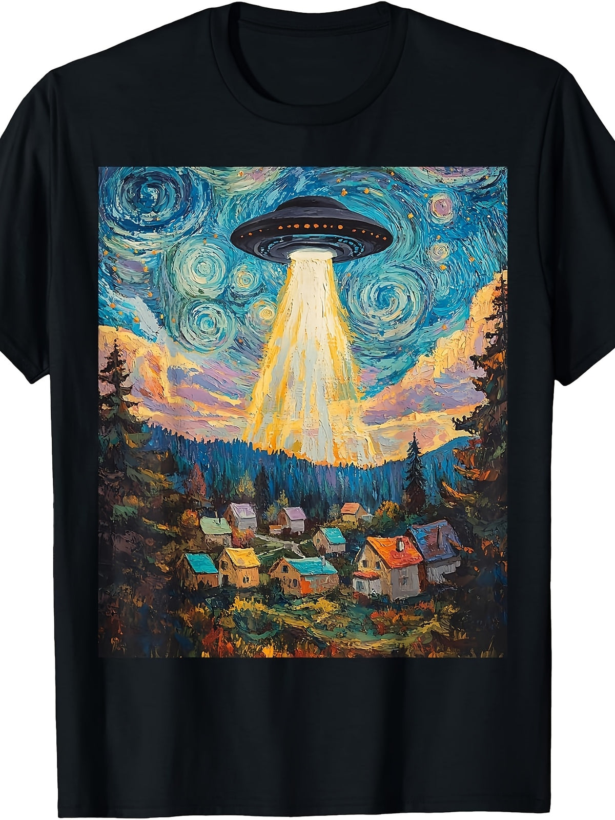 Artistic Men'S And Women'S T-Shirt, UFO Abduction Over Village in Starry Night Style, Casual Wear, Summer