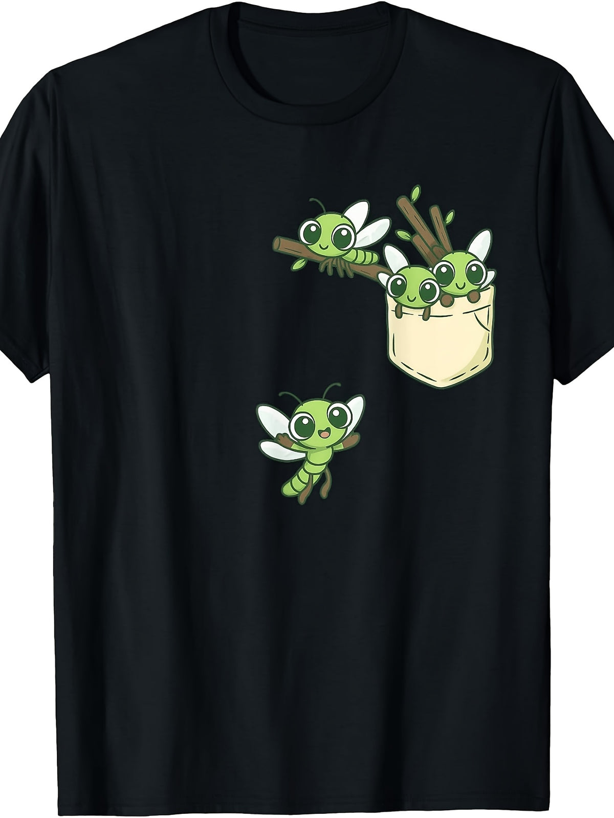 Cute Cartoon Style, Men's And Women's T-Shirt, Adorable Green Dragonflies with Pocket Design, Casual Summer Wear