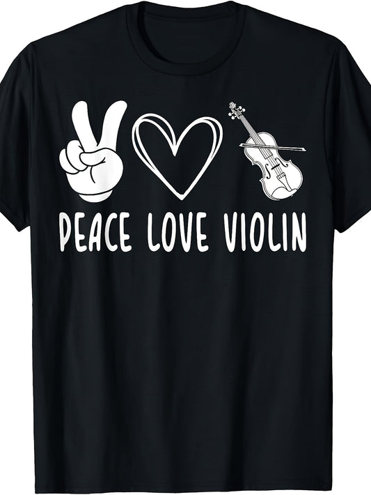 Casual Men'S And Women'S T-Shirt, Peace Love Violin Graphic Tee, Music Lover Gift, Summer Spring Autumn Wear