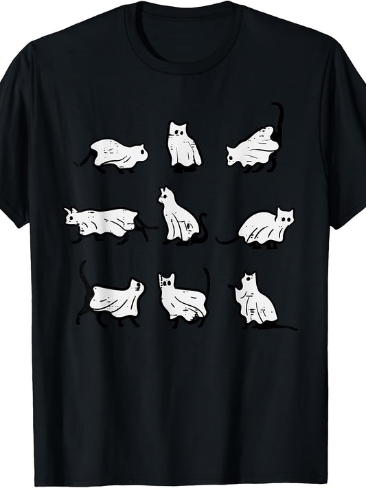 Cute Cartoon Style, Men's And Women's T-Shirt, Funny Cats Pattern, Halloween Party Autumn Winter Wear