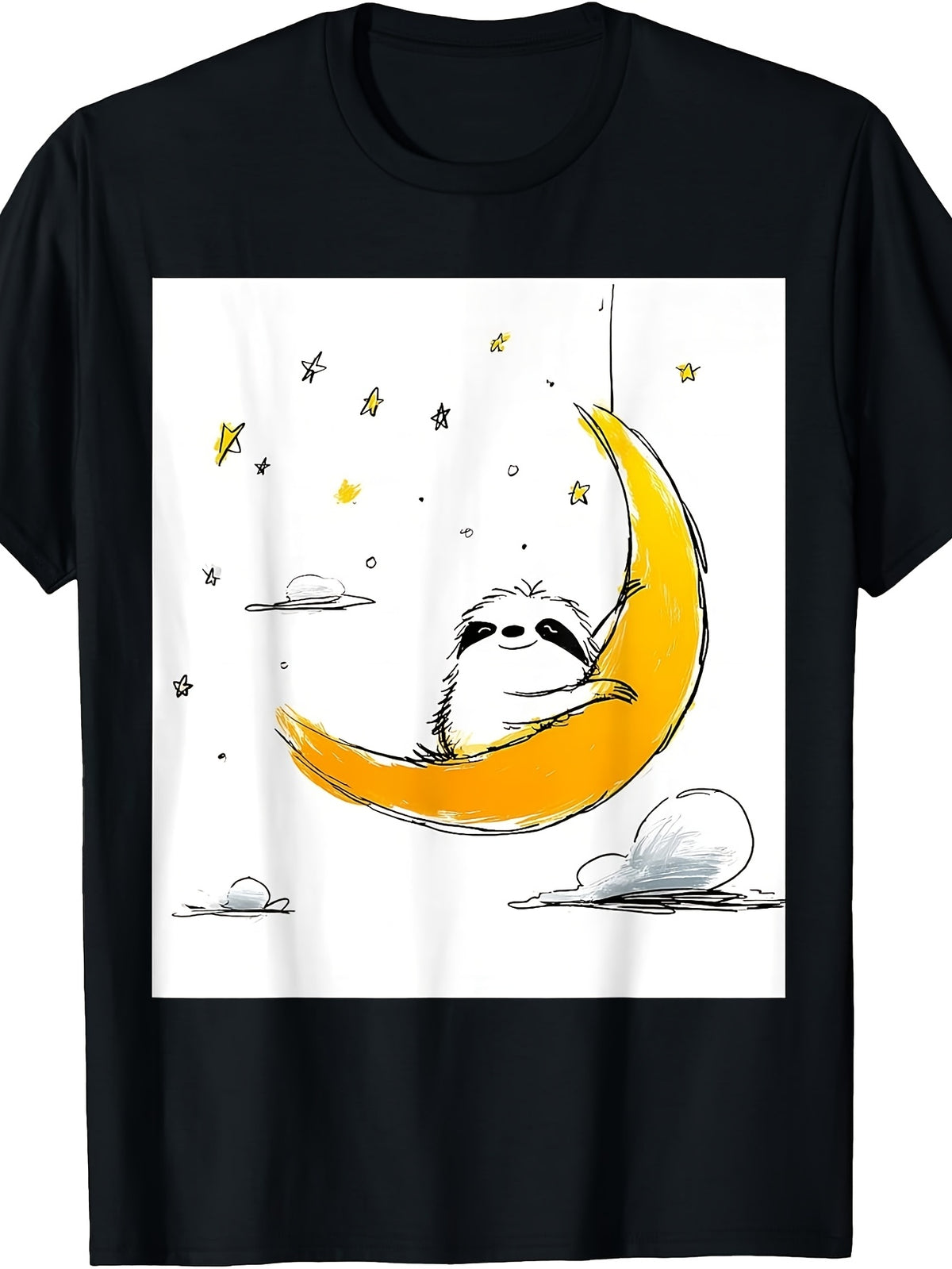 Cute, Sloth Moon Star, T-Shirt, Yellow Crescent Design, Crew Neck, Casual Wear