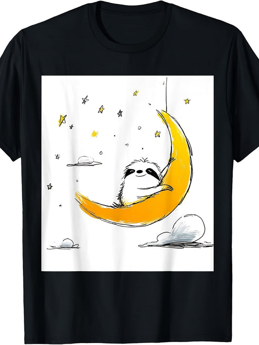 Cute, Sloth Moon Star, T-Shirt, Yellow Crescent Design, Crew Neck, Casual Wear