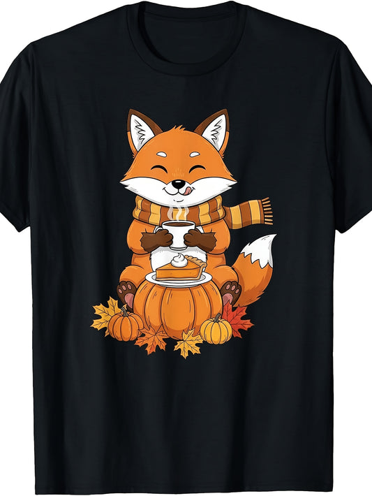 Cute Cartoon Style, Men's And Women's T-Shirt, Fox with Pumpkin Pie And Hot Drink Autumn Leaves Design, Fall Season Thanksgiving Party Casual Wear