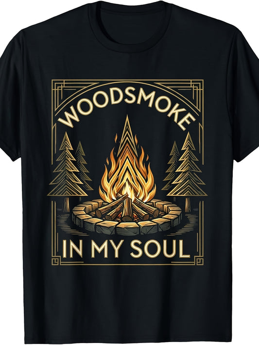 Woodsmoke In My Soul T-Shirt - Retro Outdoor Nature Design with Campfire & Woodsmoke Graphic, Round Neck Casual Tee Suitable for, Camping, Casual Attire, Machine Washable for -