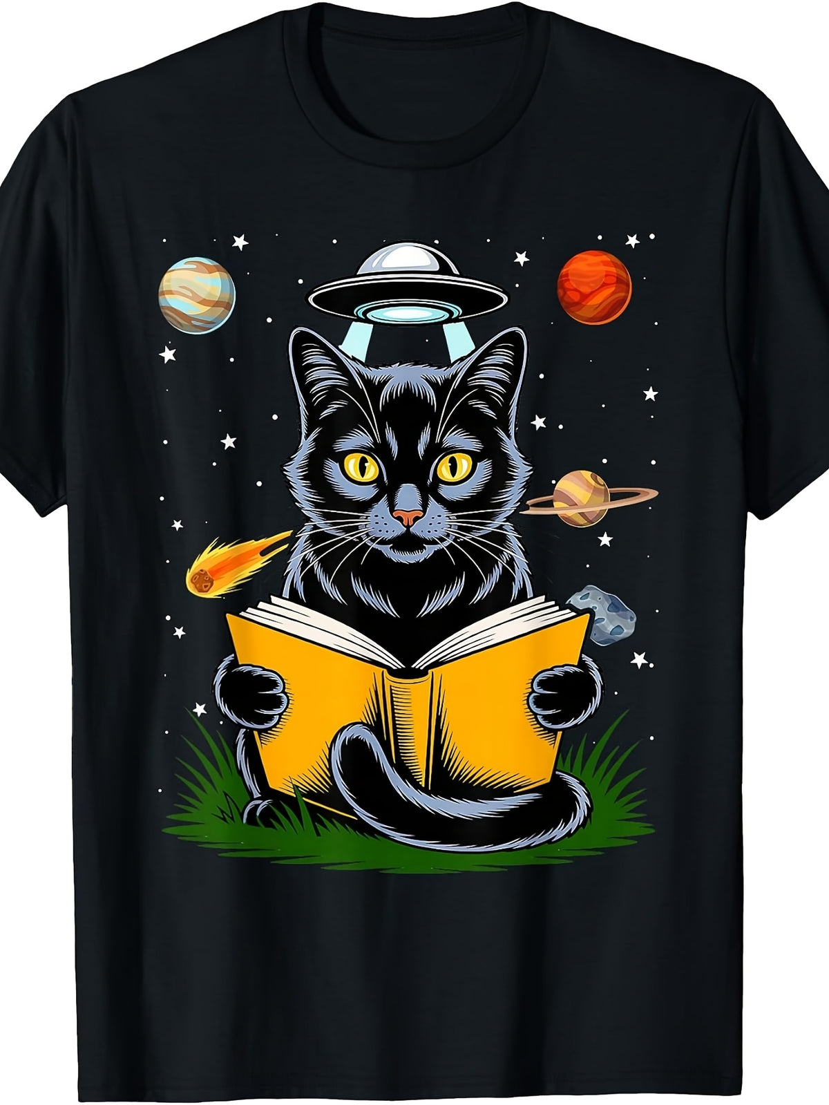 Vintage Japanese Cat Book Lovers UFO Alien Abduction Dad T-Shirt