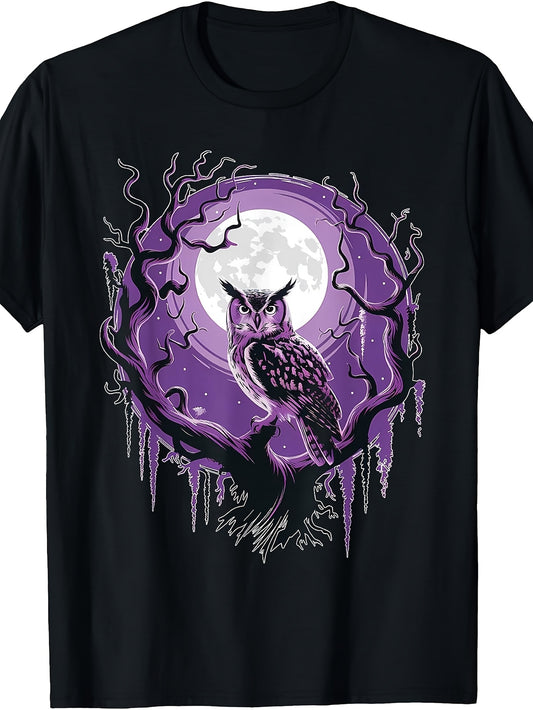 Gothic, Purple Moon Owl Graphic T-Shirt, Mystical Tree Design, Crew Neck, Halloween Wear