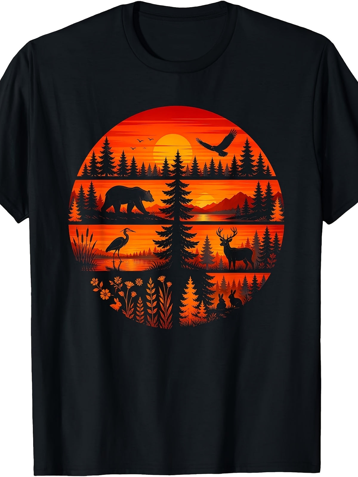 Retro Wildlife Forest T-Shirt - Deer Suitable for - Casual Wear, Round Neck Regular Fit Tee with Digital Print for & Everyday Outfits (Machine Washable) - -Themed Apparel