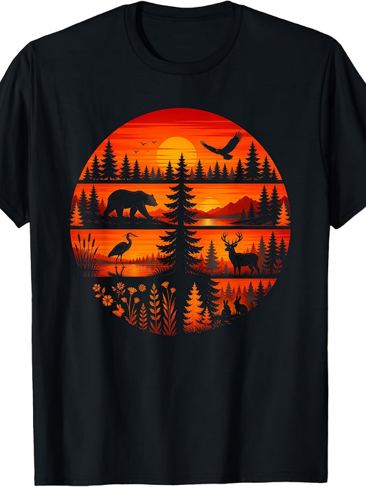 Retro Wildlife Forest T-Shirt - Deer Suitable for - Casual Wear, Round Neck Regular Fit Tee with Digital Print for & Everyday Outfits (Machine Washable) - -Themed Apparel